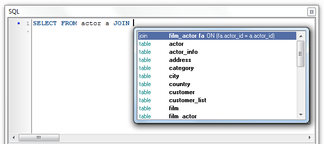 Debugger for MySQL: JOIN Code completion