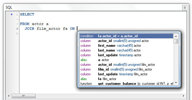 Debugger for MySQL: JOIN condition Autocomplete